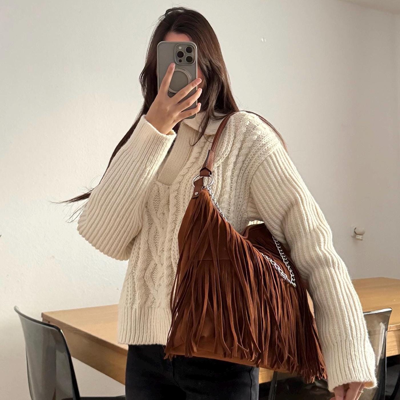 Damen Umhängetasche Wildleder Optik – Fransen Tasche Cognac Braun Crossbody