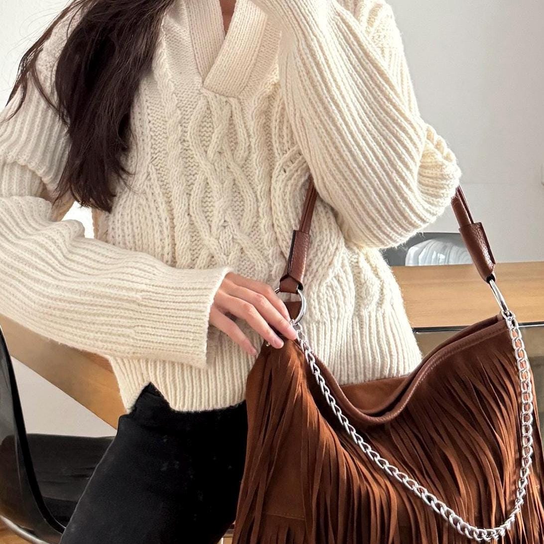 Damen Umhängetasche Wildleder Optik – Fransen Tasche Cognac Braun Crossbody
