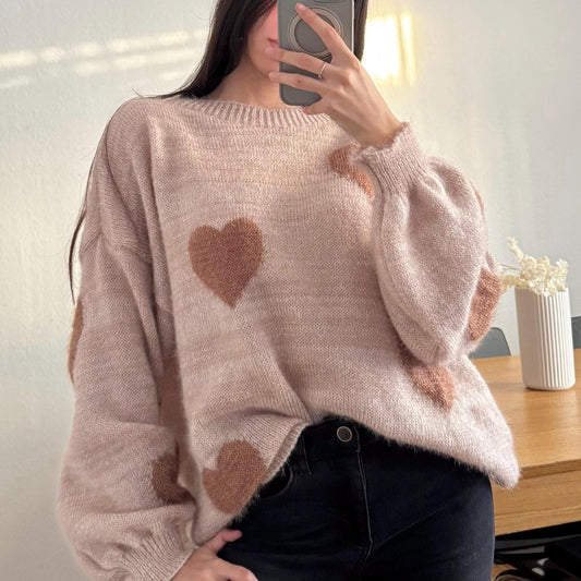 Damen Mohair Pullover Oversized – Strickpullover mit Herz Muster Beige Braun
