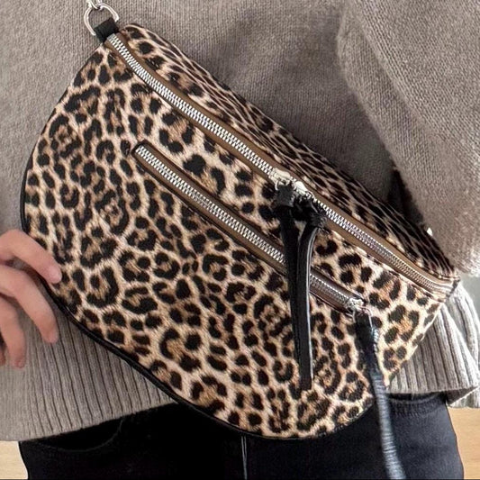 Damen Crossbody Tasche Leo Print – Umhängetasche Leopardenmuster Schwarz