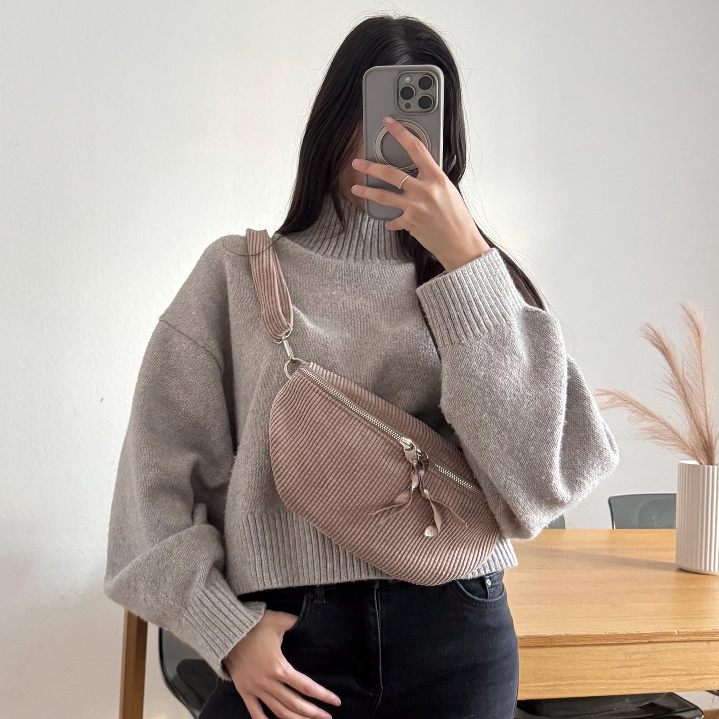Damen Cord Bauchtasche Beige Taupe – Crossbody Tasche Alltag Umhängetasche