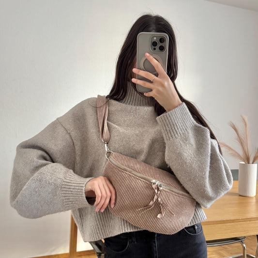Damen Cord Bauchtasche Beige Taupe – Crossbody Tasche Alltag Umhängetasche