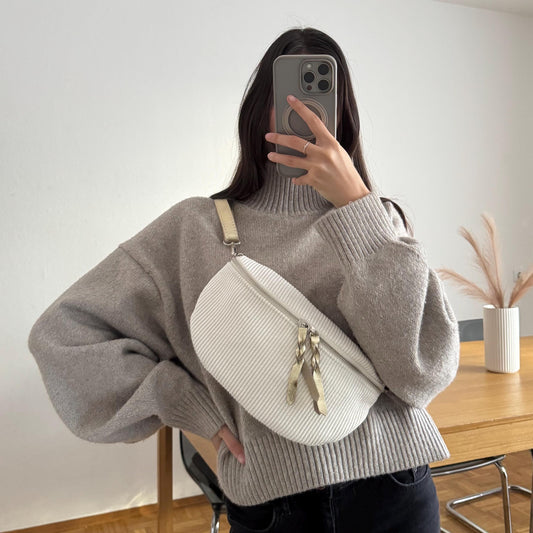 Damen Crossbody Bauchtasche Cord Creme – Umhängetasche mit Gold Details