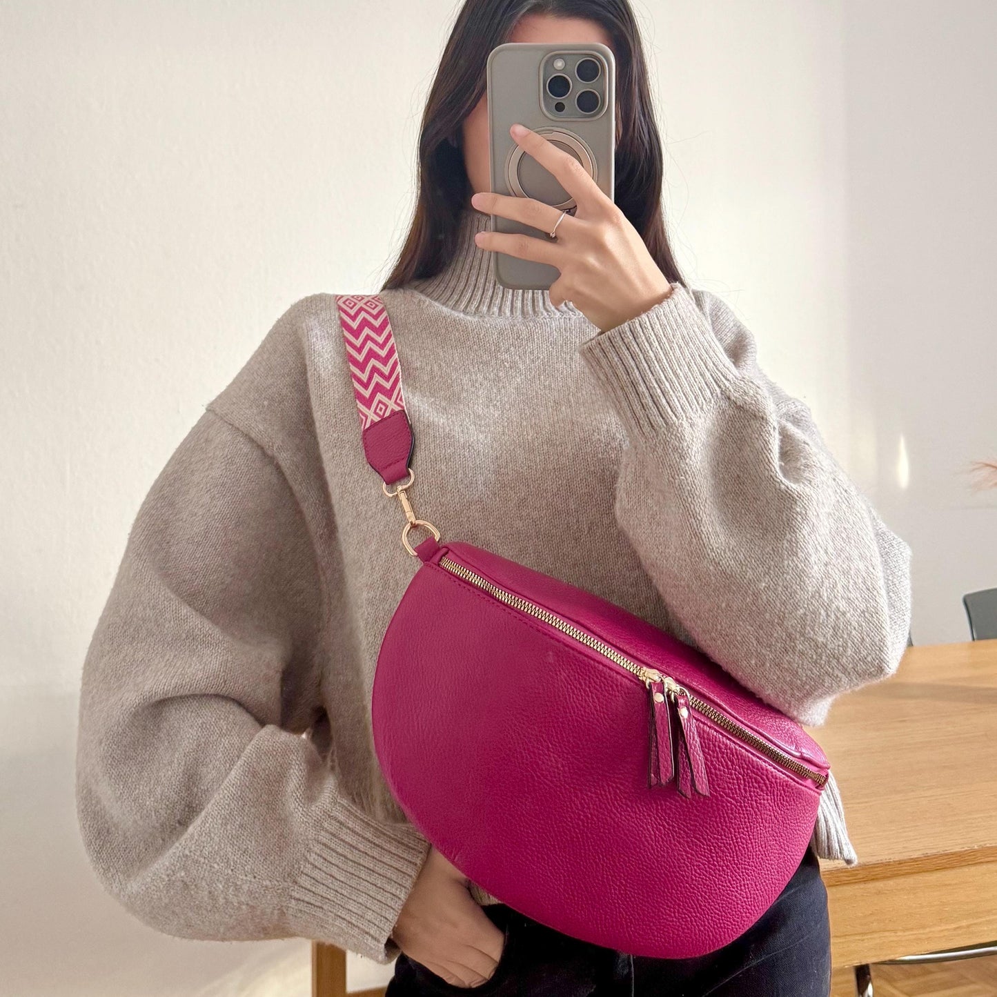 Damen Crossbody Tasche Groß Pink – Umhängetasche Fuchsia 30x20 cm