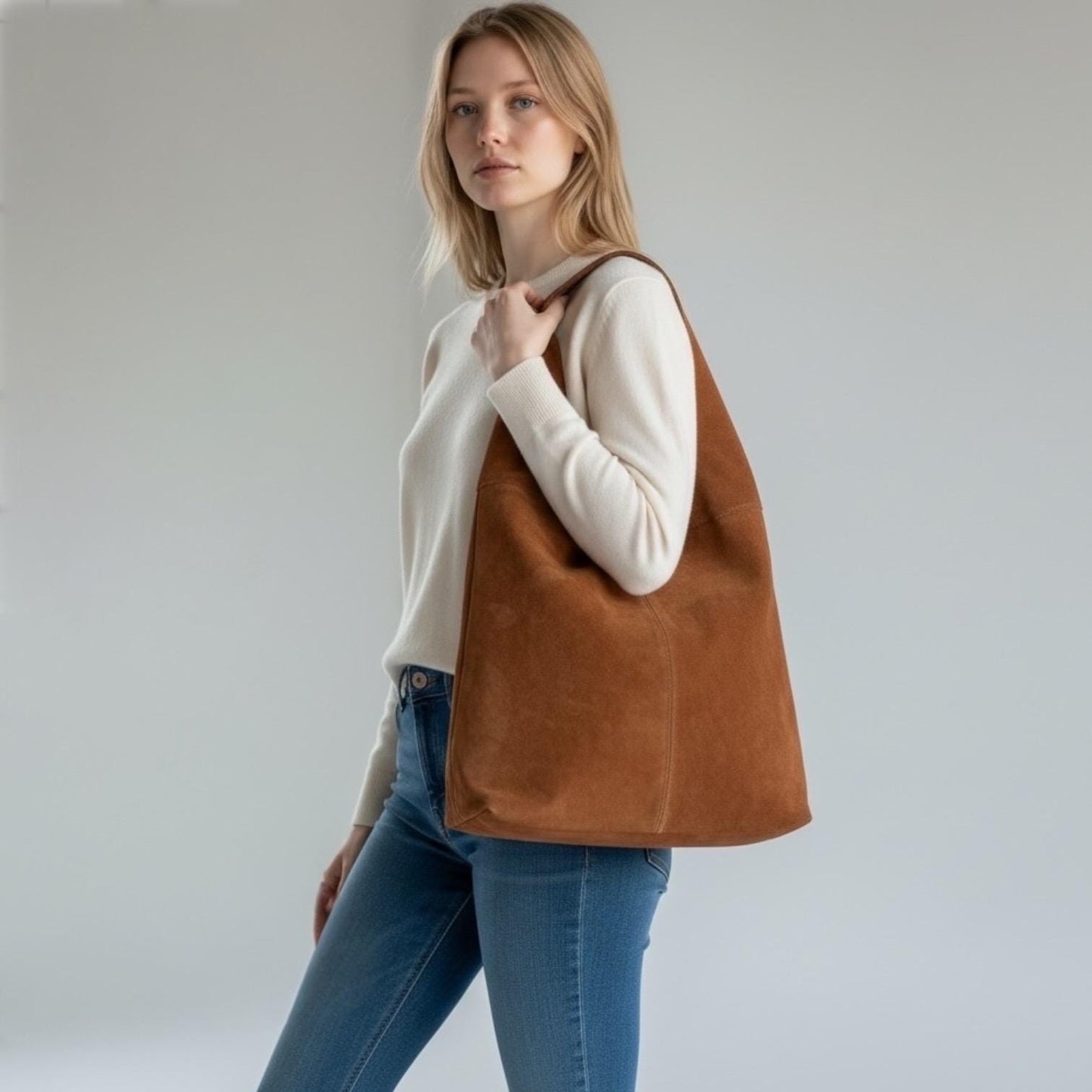 Damen Wildleder Shopper Tasche – Große Schultertasche mit Reißverschluss