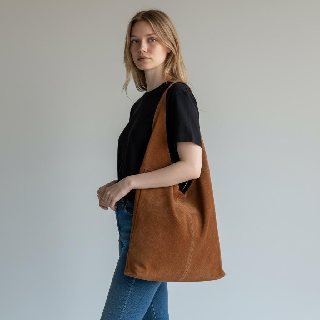 Damen Wildleder Shopper Tasche – Große Schultertasche mit Reißverschluss