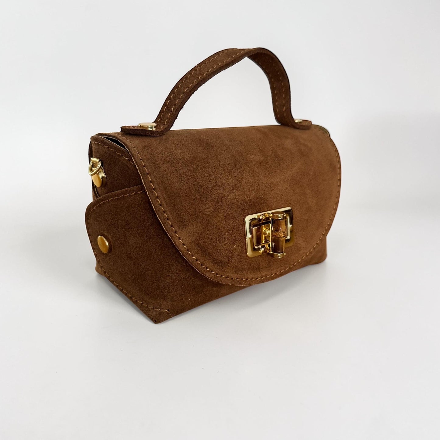 Damen Mini Wildleder Tasche Cognac – Crossbody Handtasche Gold