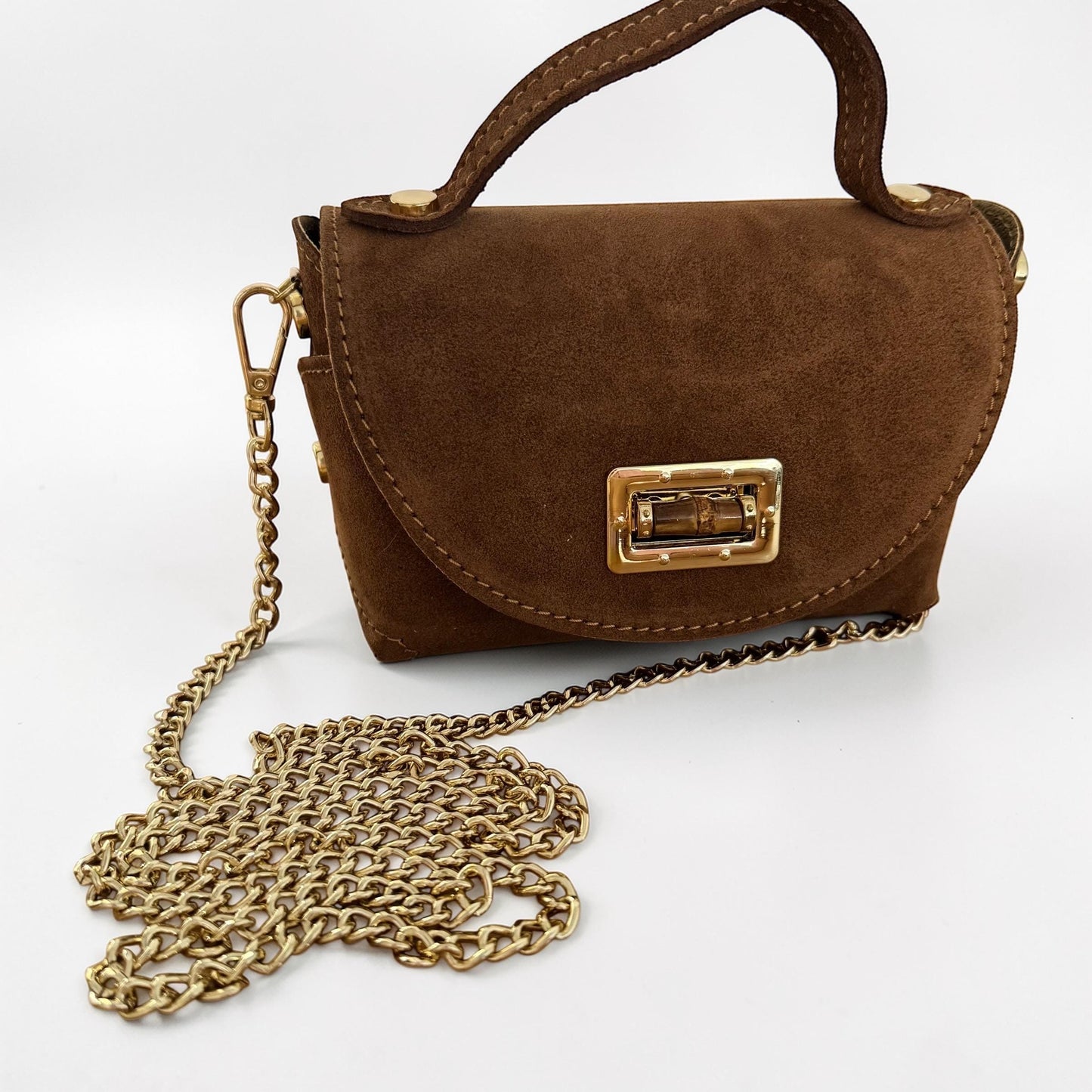 Damen Mini Wildleder Tasche Cognac – Crossbody Handtasche Gold