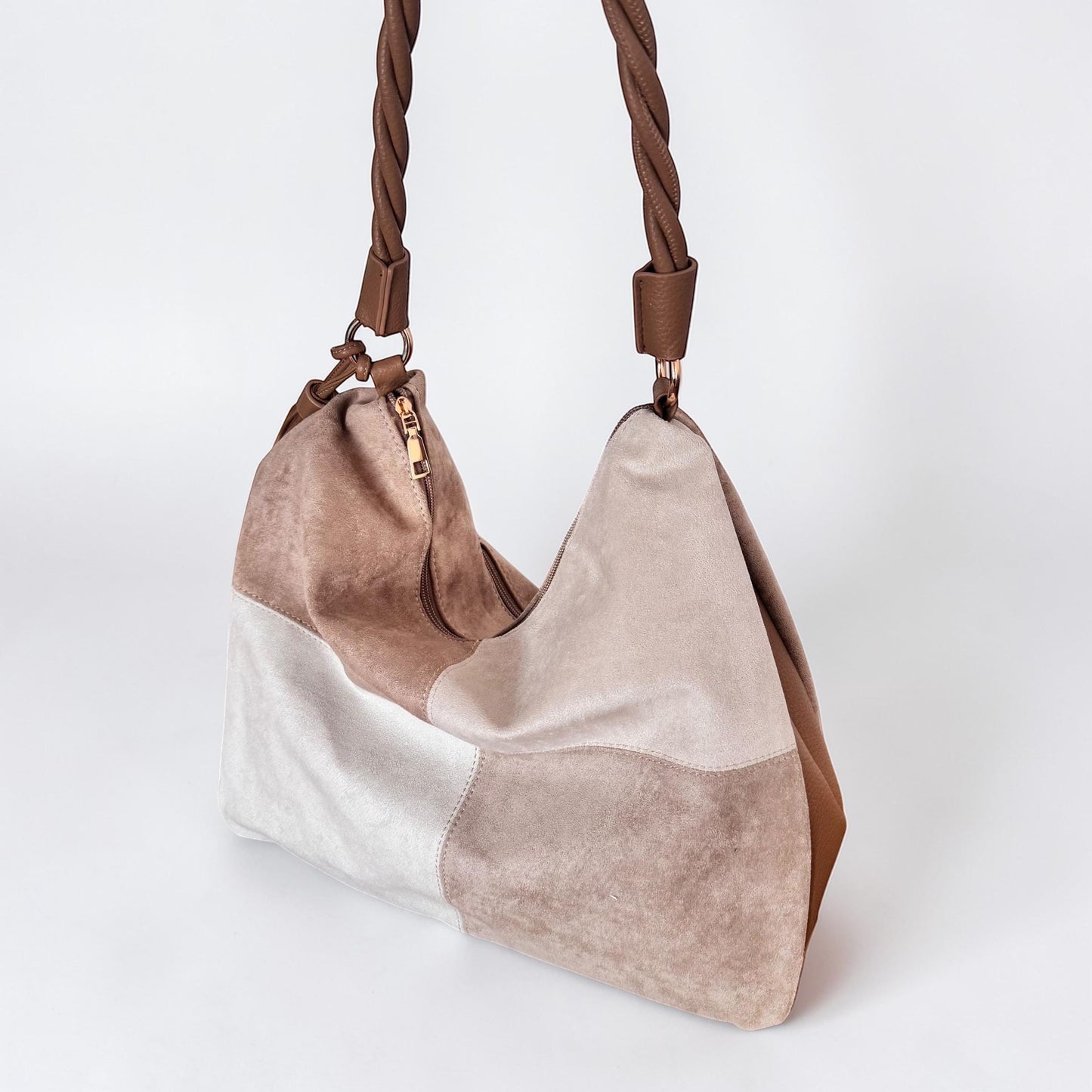 Damen Veganes Wildleder Schultertasche Beige – Shopper Tasche Hobo Bag Cognac