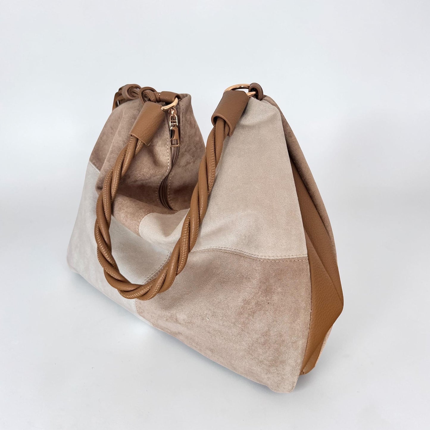 Damen Veganes Wildleder Schultertasche Beige – Shopper Tasche Hobo Bag Cognac