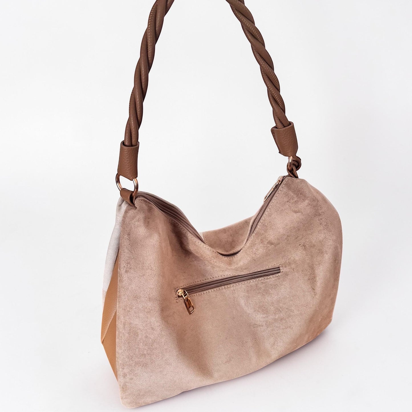 Damen Veganes Wildleder Schultertasche Beige – Shopper Tasche Hobo Bag Cognac