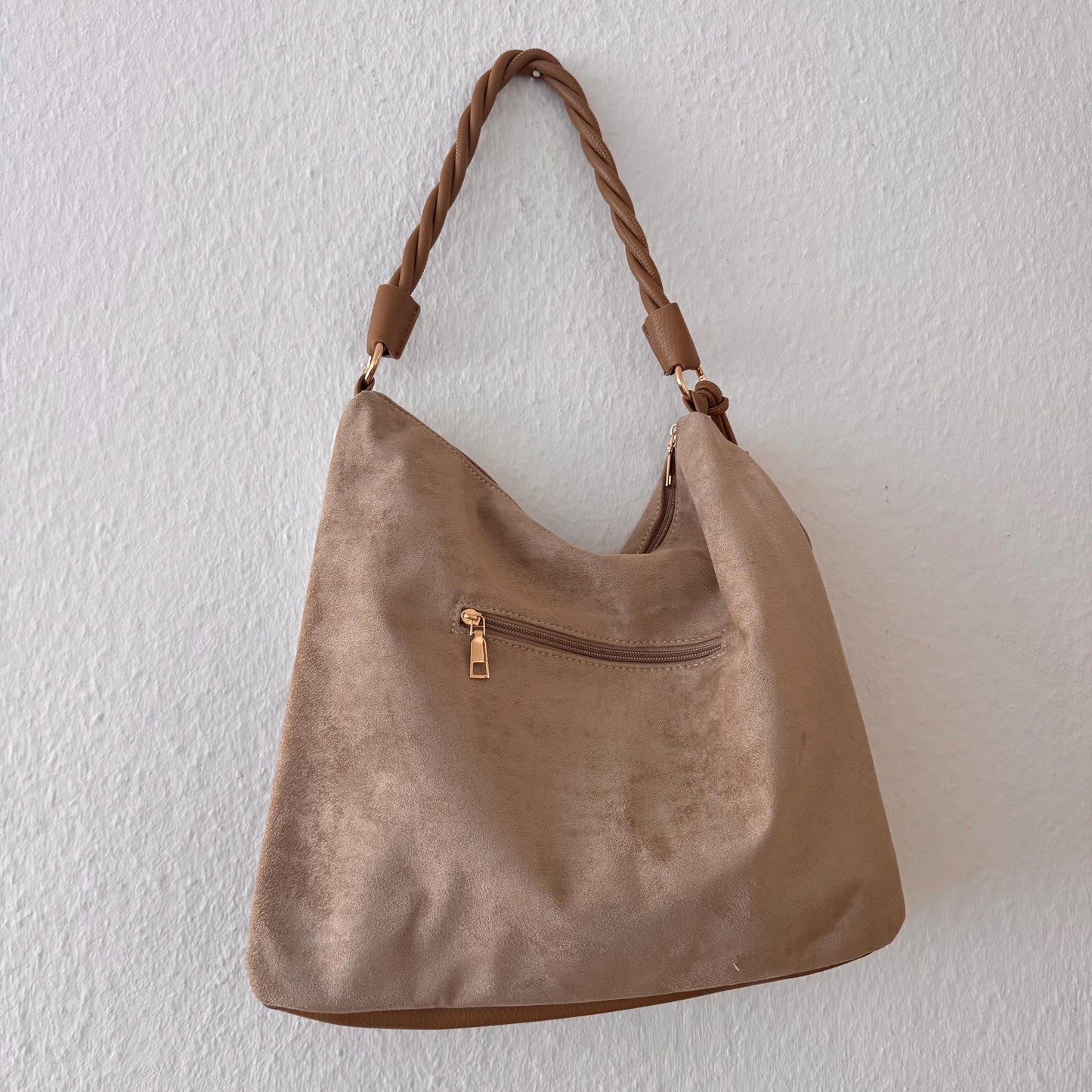 Damen Veganes Wildleder Schultertasche Beige – Shopper Tasche Hobo Bag Cognac