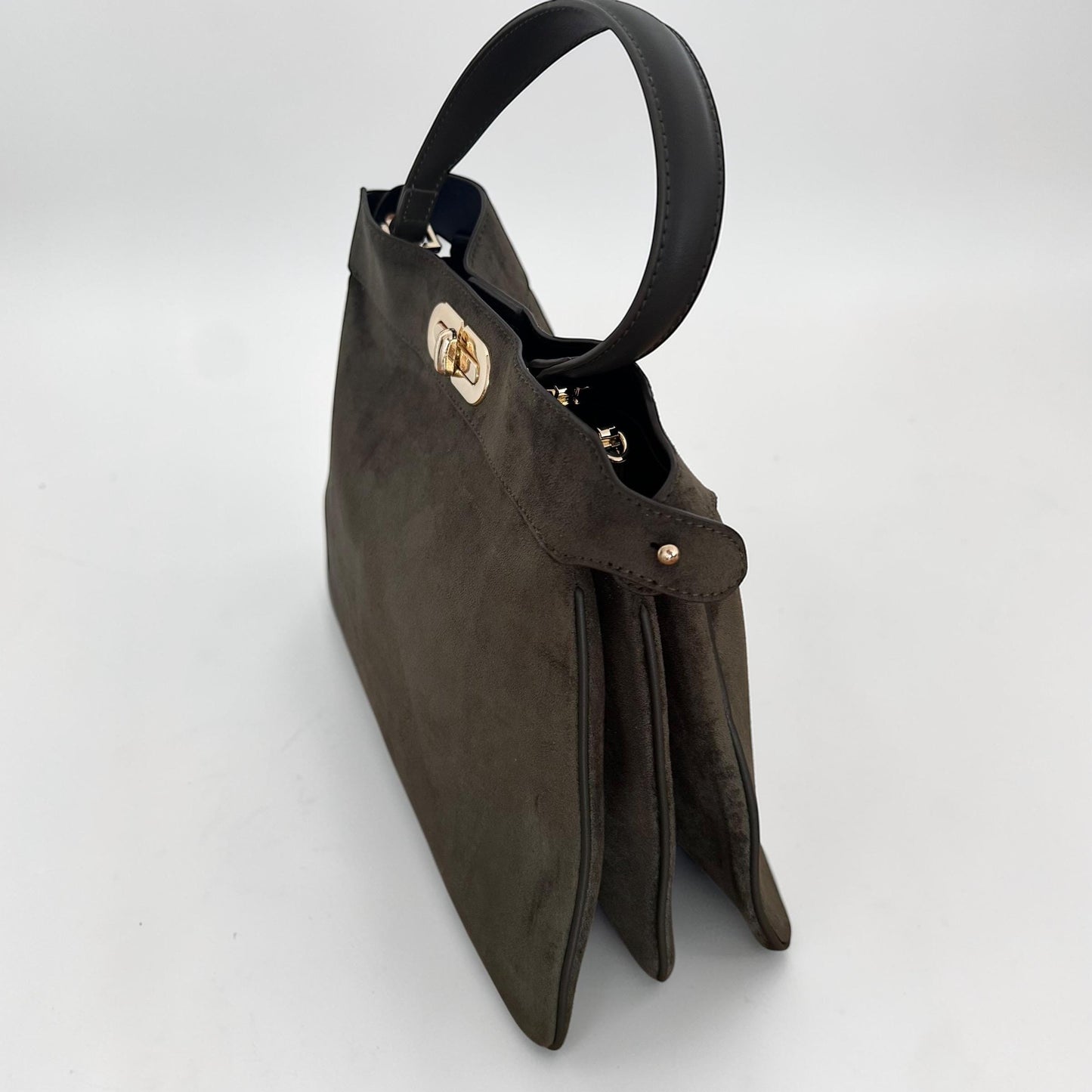 Damen Wildleder Handtasche Olivgrün – Schultertasche mit Gold Schnalle