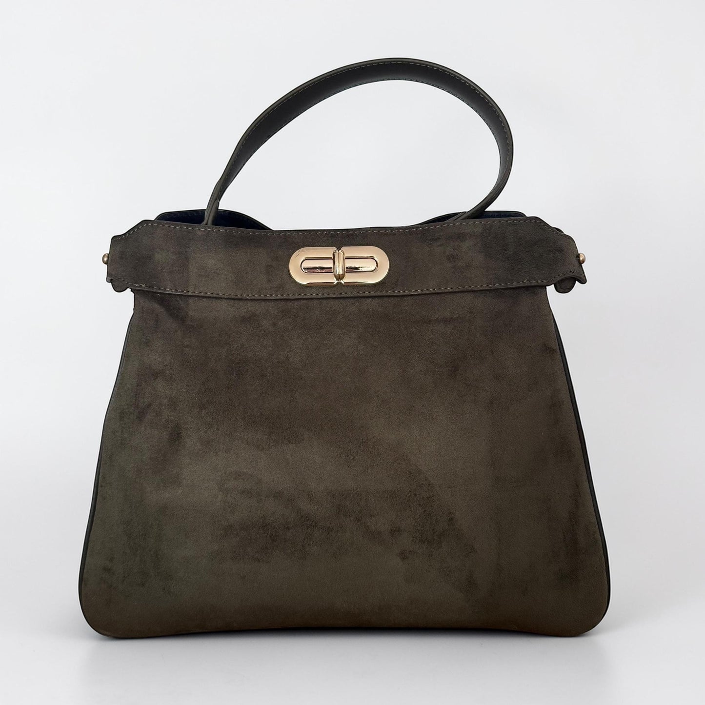 Damen Wildleder Handtasche Olivgrün – Schultertasche mit Gold Schnalle