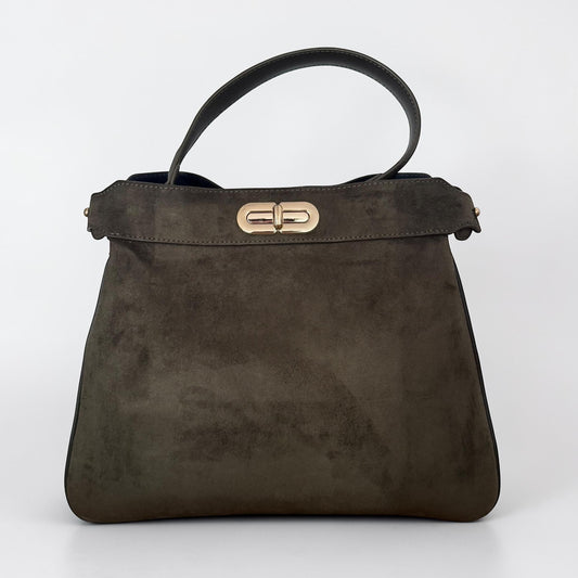 Damen Wildleder Handtasche Olivgrün – Schultertasche mit Gold Schnalle