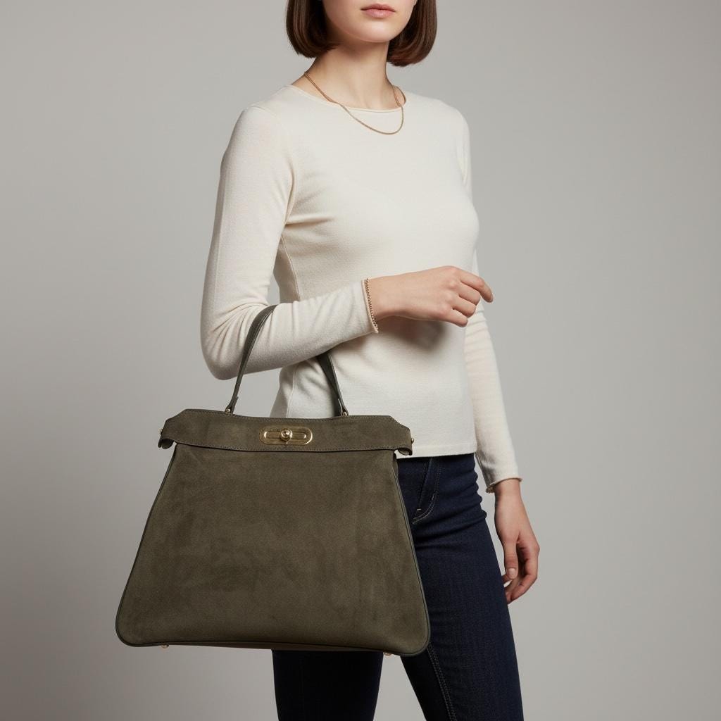 Damen Wildleder Handtasche Olivgrün – Schultertasche mit Gold Schnalle