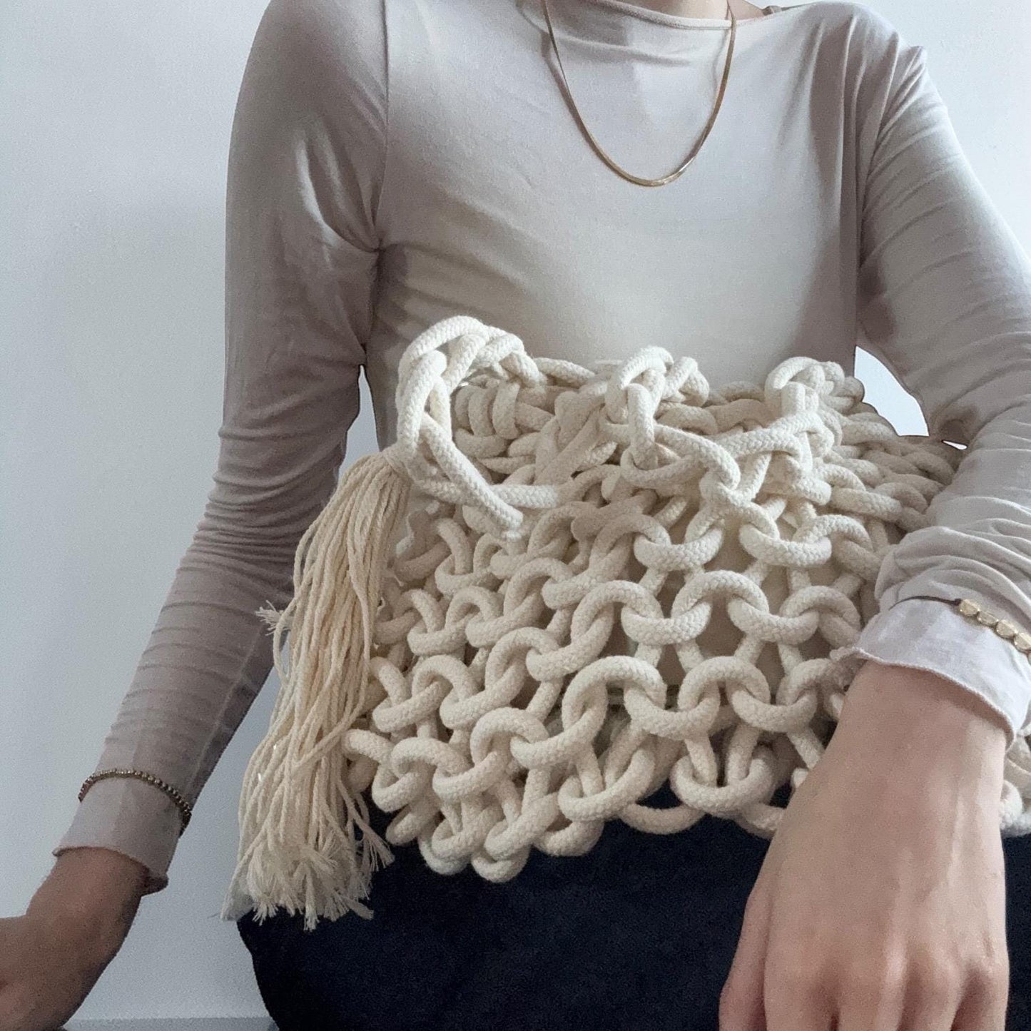 Damen Boho Makramee Tasche Creme – Umhängetasche Häkeltasche