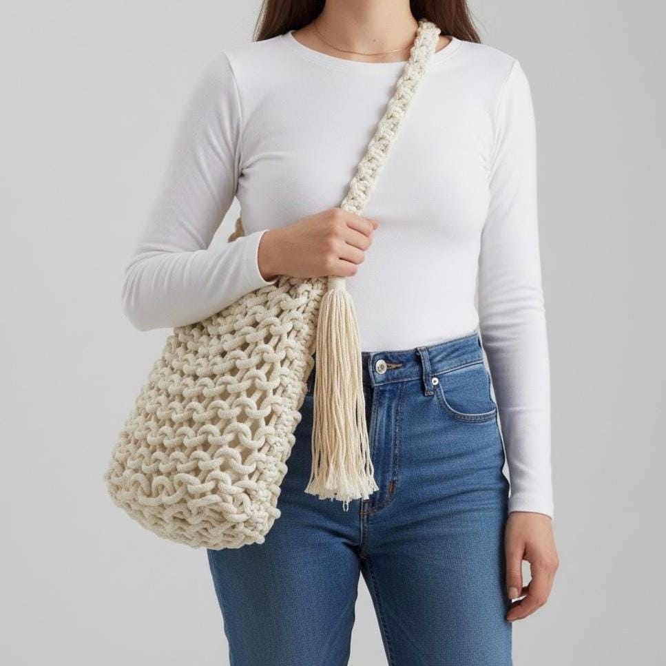 Damen Boho Makramee Tasche Creme – Umhängetasche Häkeltasche