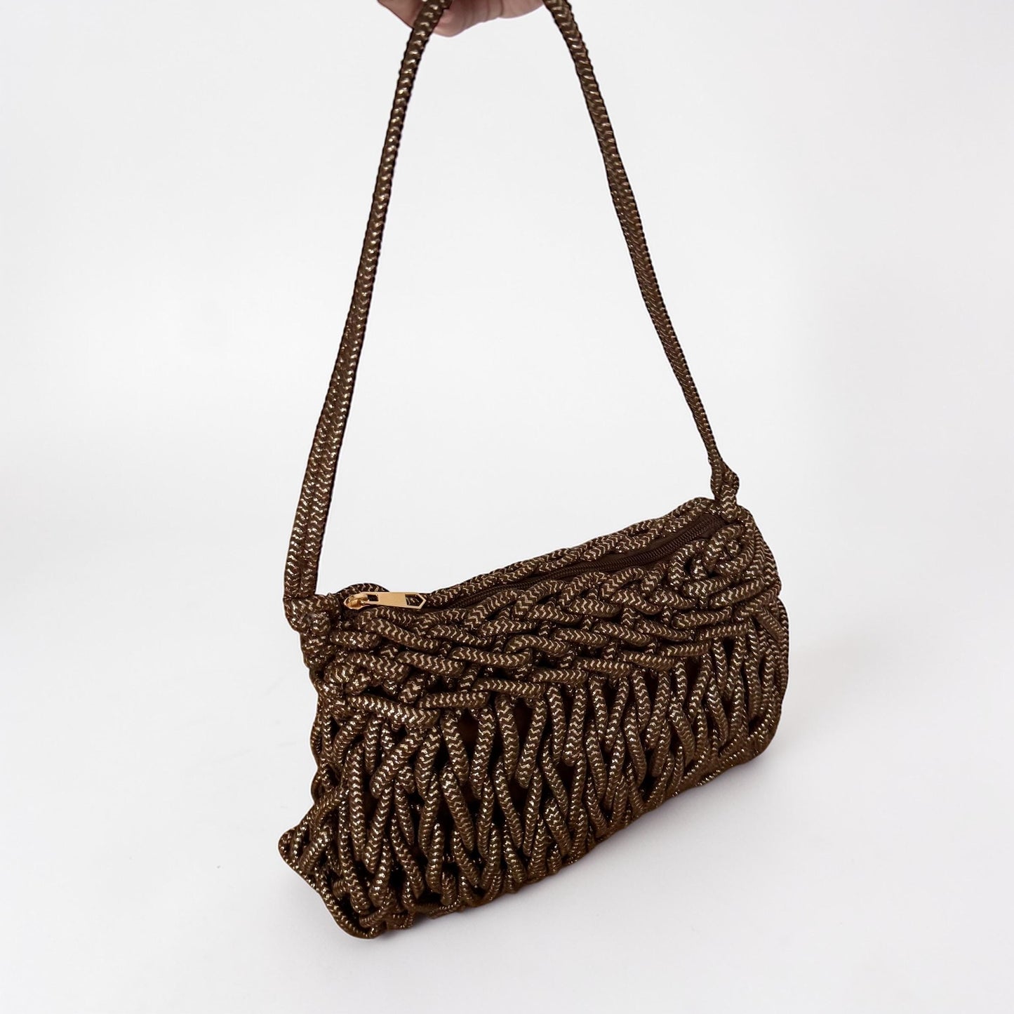 Damen Makramee Tasche Beige – Boho Schultertasche mit Gold Details