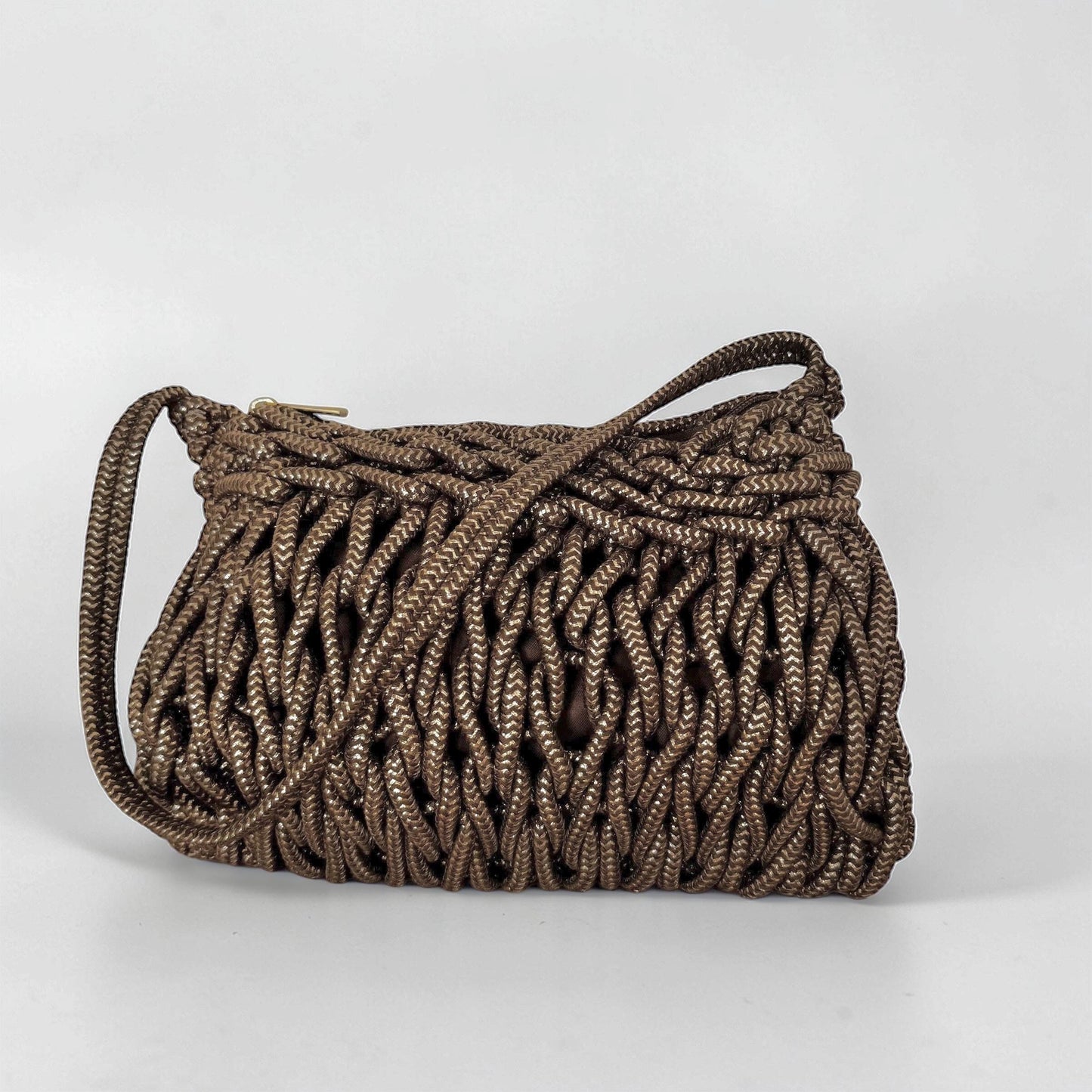 Damen Makramee Tasche Beige – Boho Schultertasche mit Gold Details