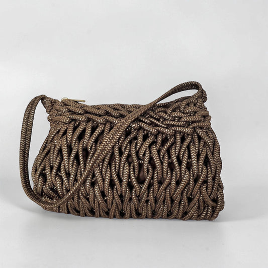 Damen Makramee Tasche – Boho Schultertasche Beige mit Gold Details