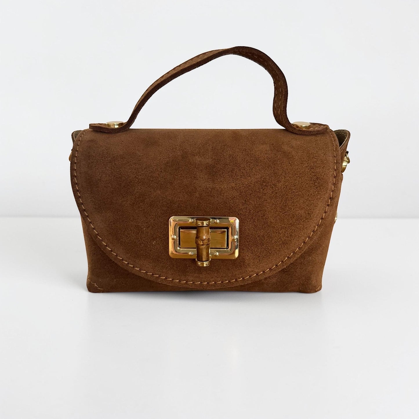 Damen Mini Wildleder Tasche Cognac – Crossbody Handtasche Gold
