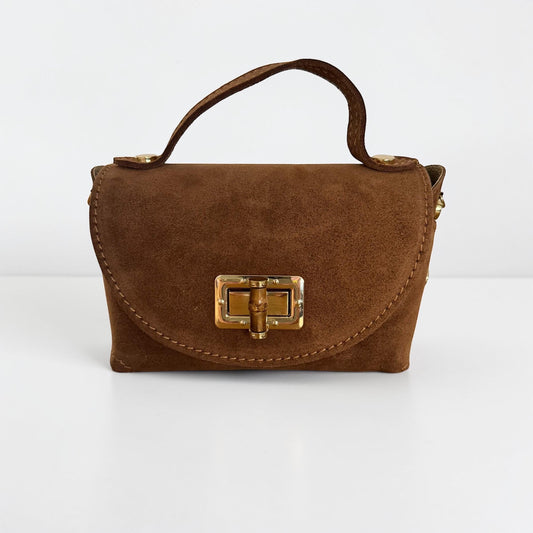 Damen Mini Wildleder Tasche – Crossbody Handtasche Cognac Braun Gold