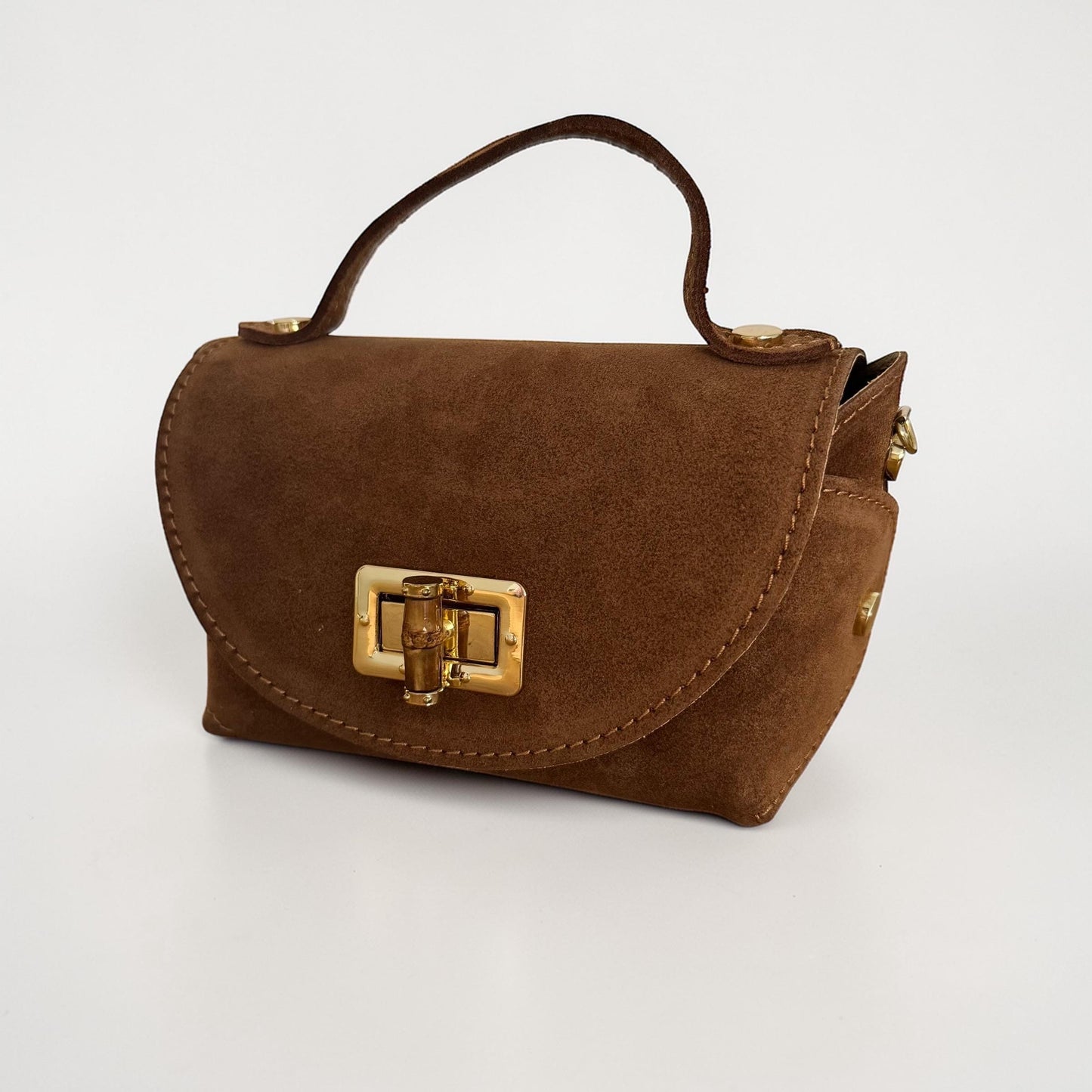 Damen Mini Wildleder Tasche Cognac – Crossbody Handtasche Gold