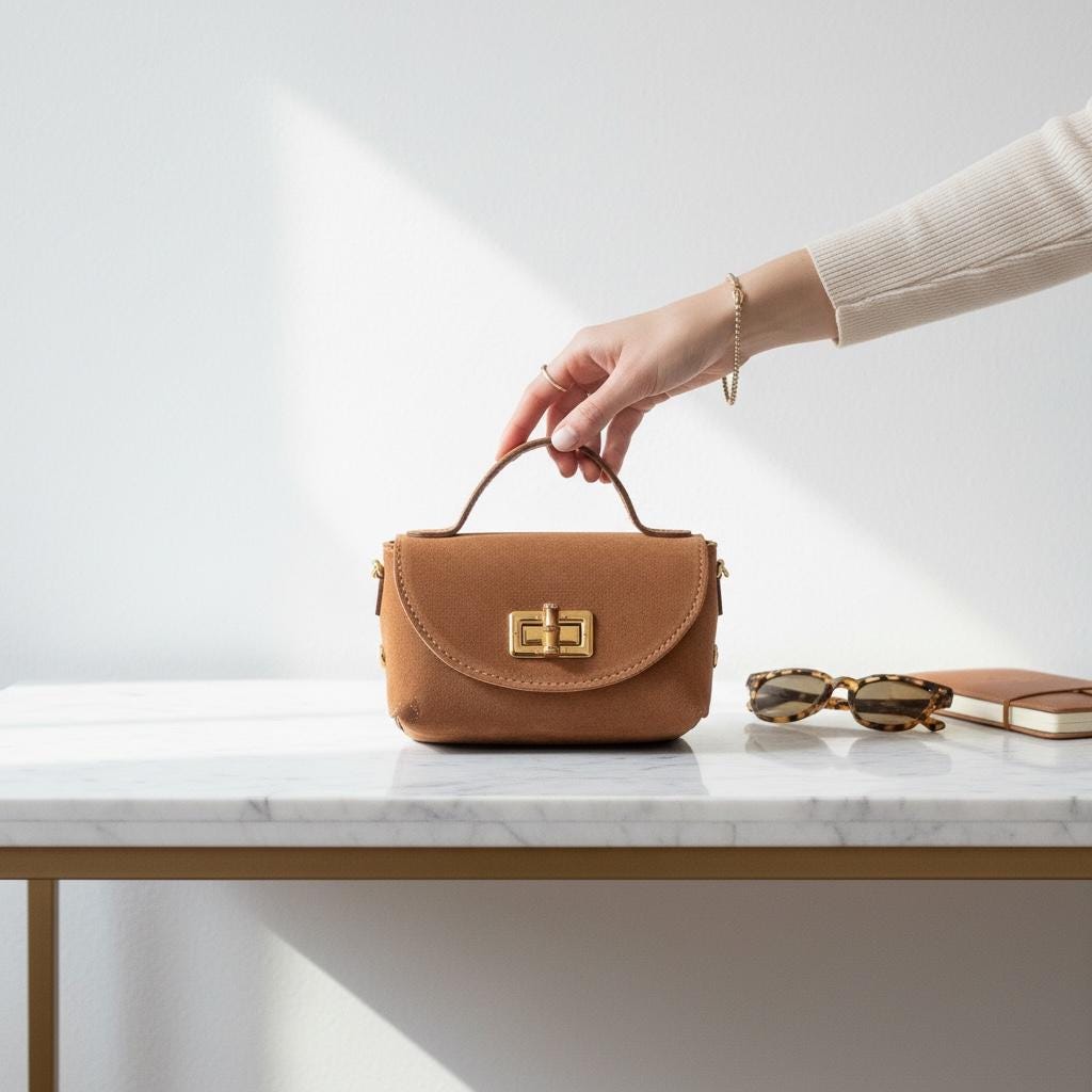 Damen Mini Wildleder Tasche Cognac – Crossbody Handtasche Gold