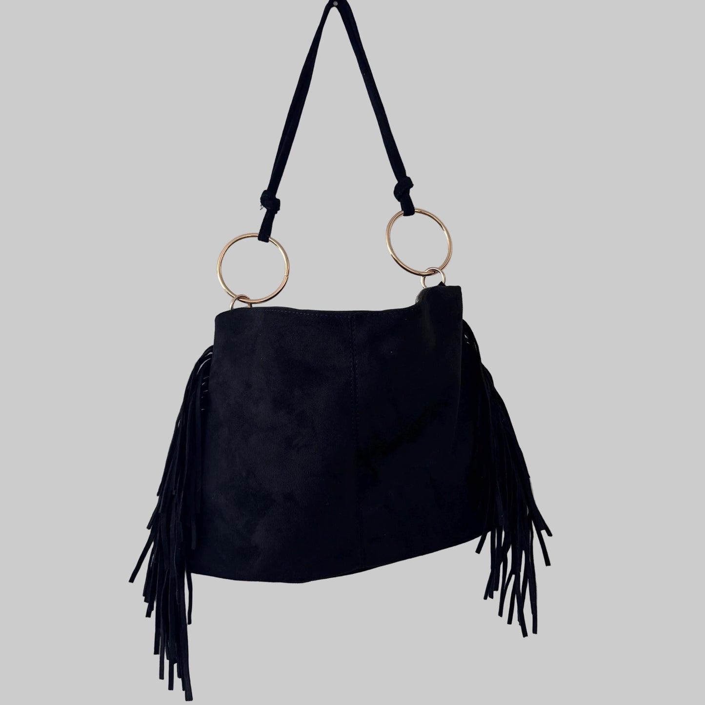Damen Wildleder Umhängetasche Schwarz – Fransen Tasche mit Goldringen