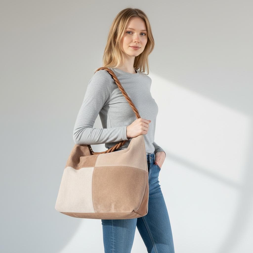 Damen Veganes Wildleder Schultertasche Beige – Shopper Tasche Hobo Bag Cognac