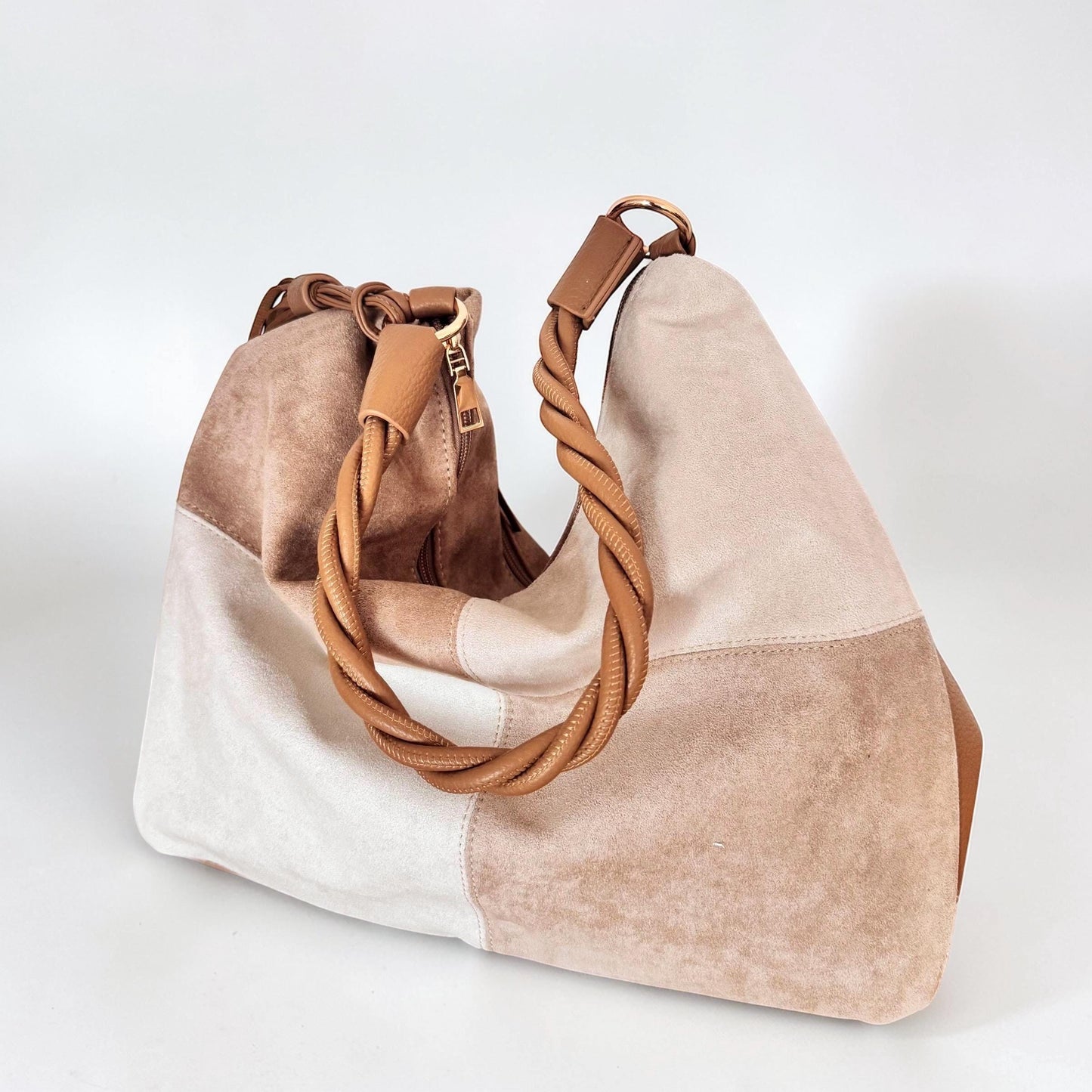 Damen Veganes Wildleder Schultertasche Beige – Shopper Tasche Hobo Bag Cognac