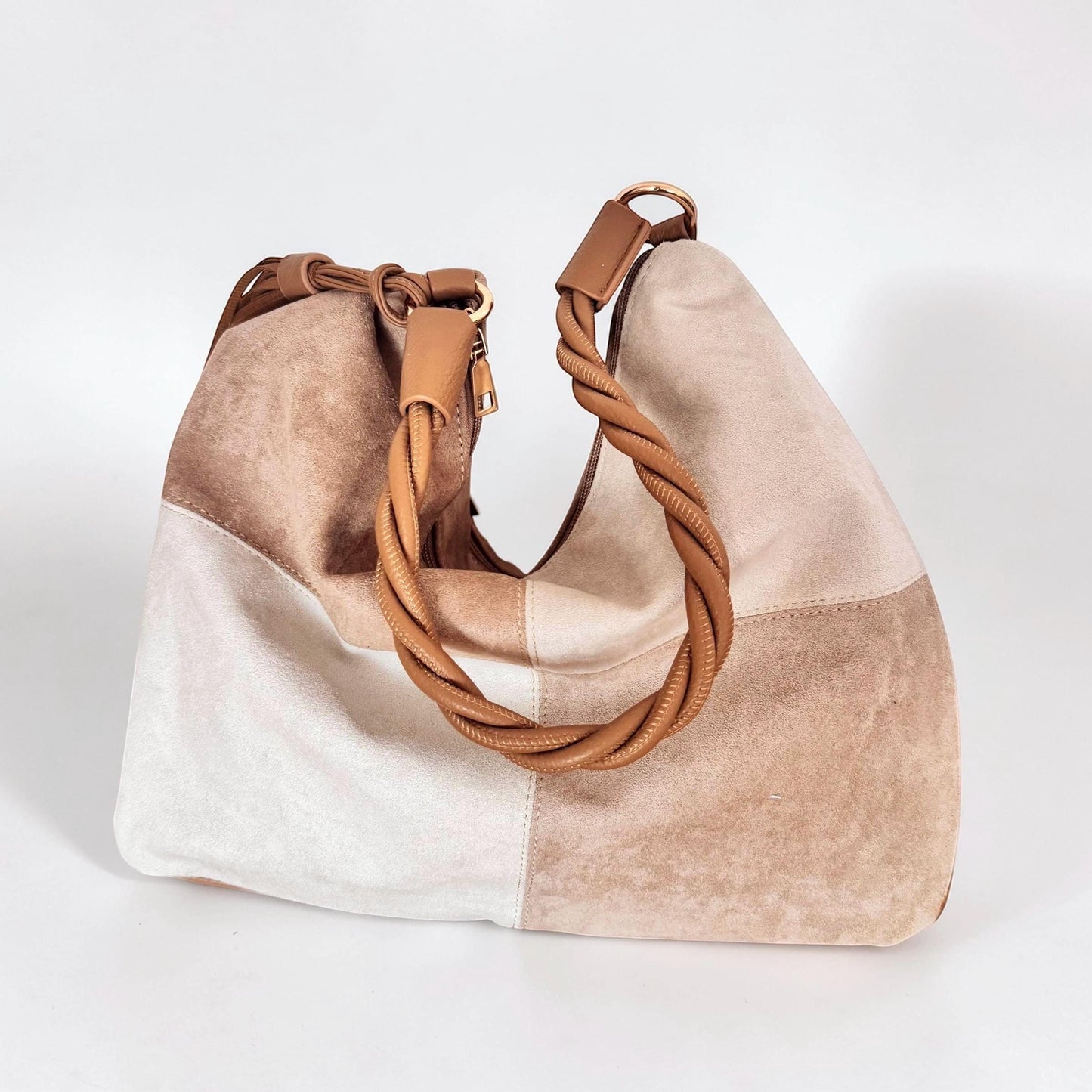 Damen Veganes Wildleder Schultertasche Beige – Shopper Tasche Hobo Bag Cognac