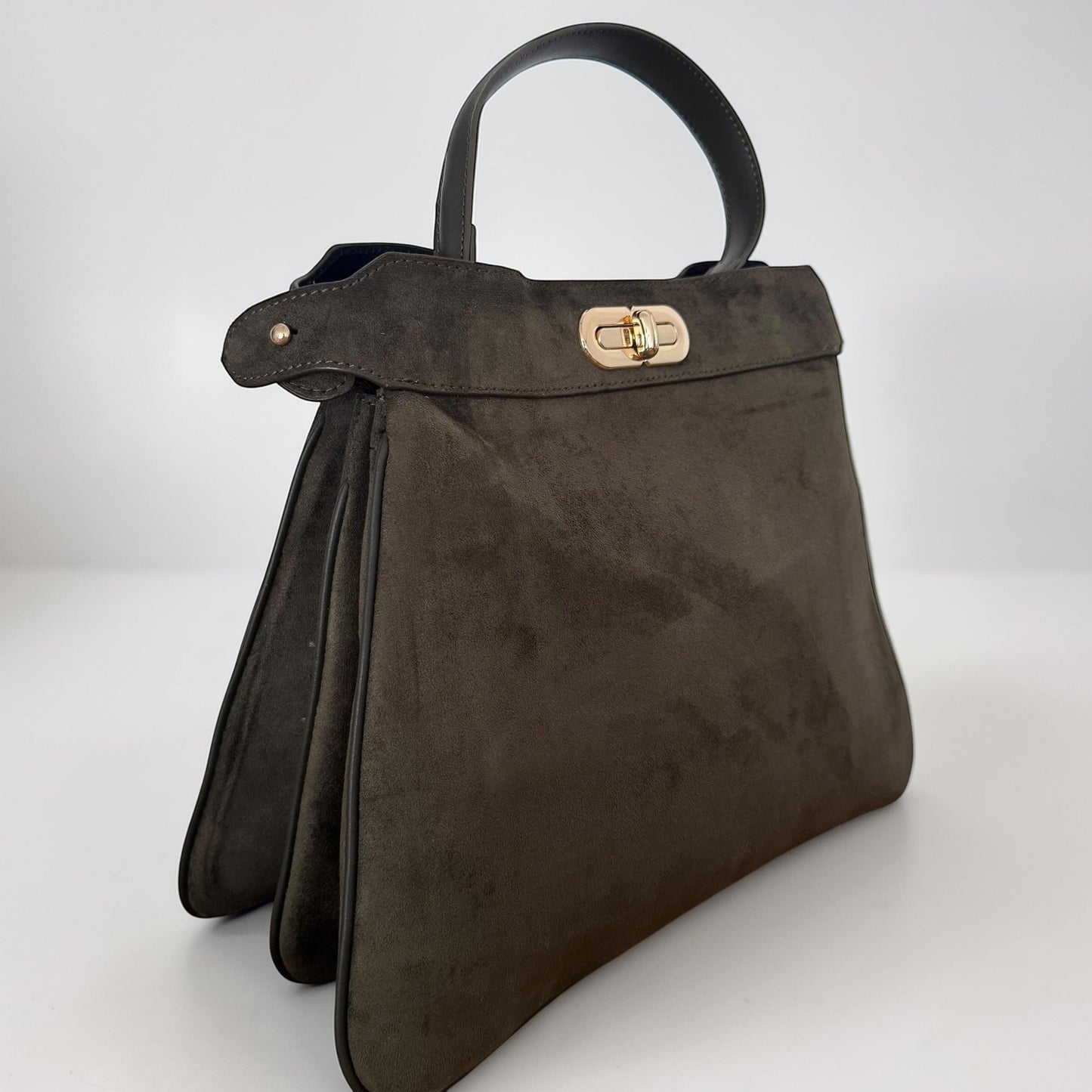 Damen Wildleder Handtasche Olivgrün – Schultertasche mit Gold Schnalle