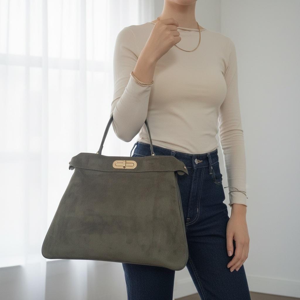 Damen Wildleder Handtasche Olivgrün – Schultertasche mit Gold Schnalle