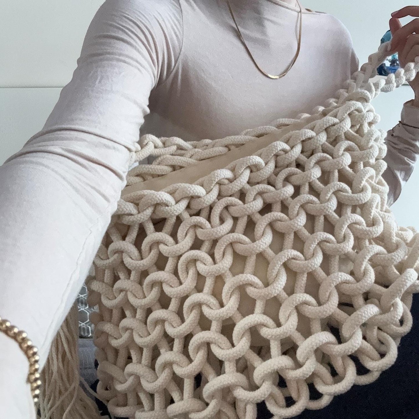 Damen Boho Makramee Tasche Creme – Umhängetasche Häkeltasche