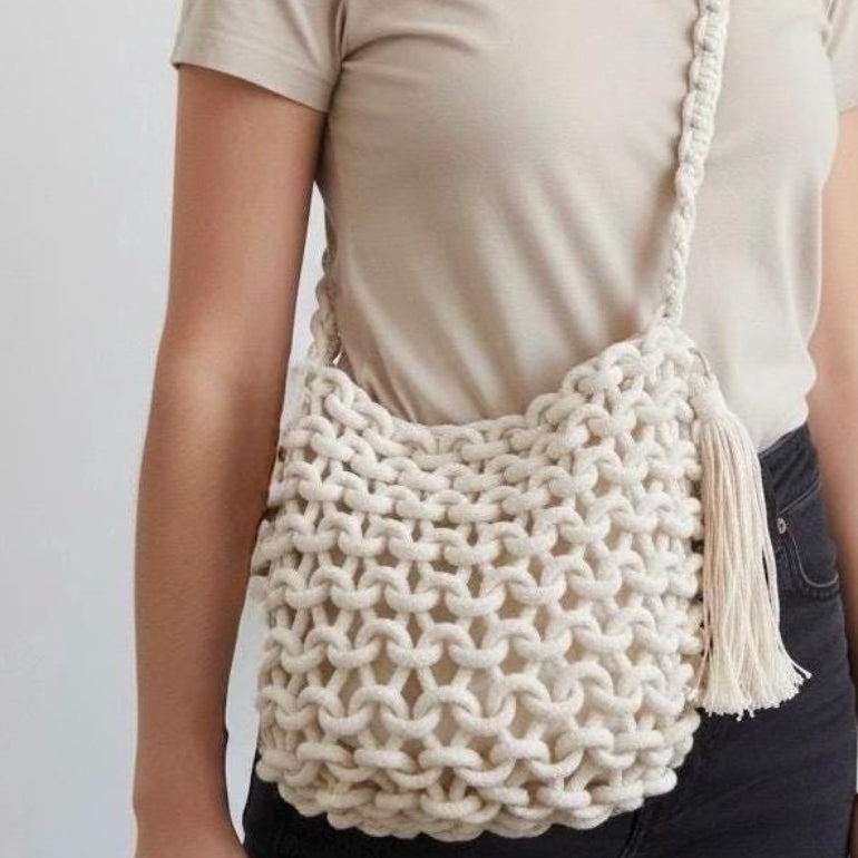 Damen Boho Makramee Tasche Creme – Umhängetasche Häkeltasche