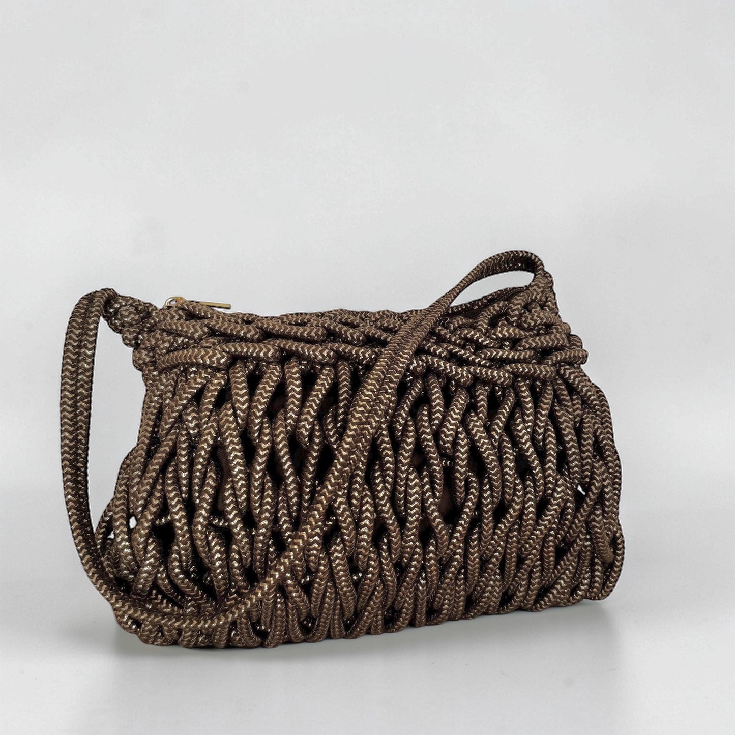 Damen Makramee Tasche Beige – Boho Schultertasche mit Gold Details