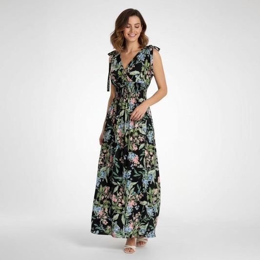 Sommerkleid geblümt, Maxikleid Schwarz, Wickeloptik, Kleid mit verstellbaren Trägern - Wildflowers Bohemian