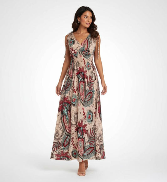 Sommerkleid Paisleyprint, Maxikleid, Wickeloptik, Kleid mit verstellbaren Trägern, Türkis, tailliert -  Bohemian Paisley Indie