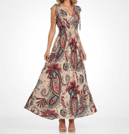 Sommerkleid Paisleyprint, Maxikleid, Wickeloptik, Kleid mit verstellbaren Trägern, Türkis, tailliert -  Bohemian Paisley Indie