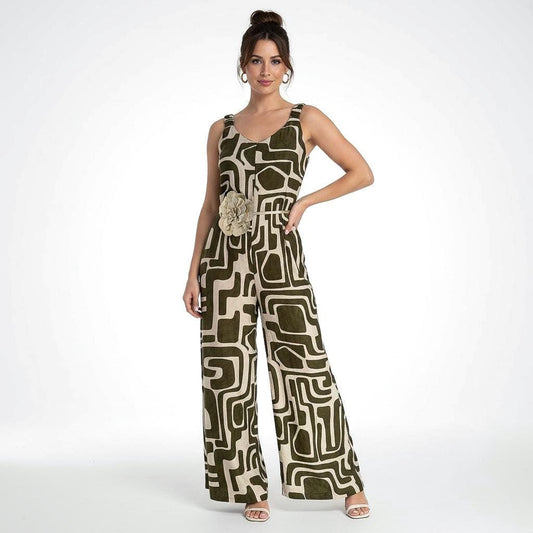 Jumpsuit gemustert Olivgrün, mit weitem Bein, Schlaghose, Khakigrün, Einteiler mit Muster, Leinenoptik, ärmellos, Palazzo Overall, Romper