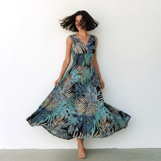 Sommerkleid tropisches Muster, Maxikleid Schwarz, Wickeloptik, Kleid mit verstellbaren Trägern, Blau Grün - Strandkleid Beach Vacation