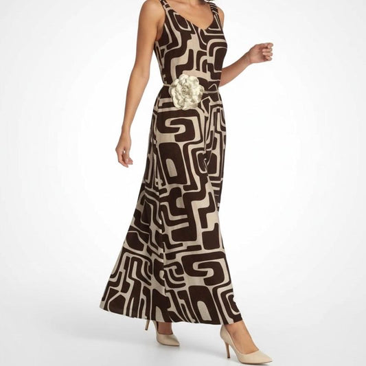 Jumpsuit gemustert Dunkelbraun, mit weitem Bein, Schlaghose, Schoko, Einteiler mit Muster, Leinenoptik, ärmellos, Palazzo Overall, Romper