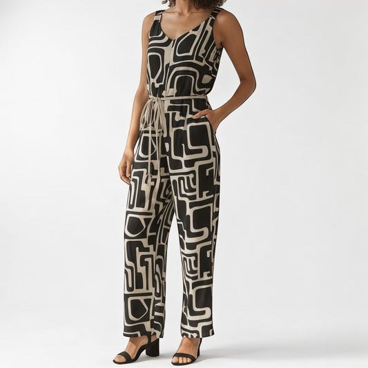 Overall Grau, mit weitem Bein, Schlaghose, Schoko, Einteiler mit Muster, Leinenoptik, ärmellos, Palazzo Jumpsuit, Romper Anthrazit, Taschen